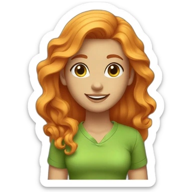 Cute girl with wave long orange hair (middlepart), green eyes, gold earrings and a green shirt. She is smiling sticker