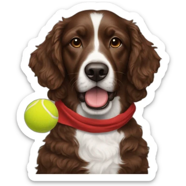 A chocolate colored doodle dog wearing a red and black handkerchief juggling three tennis balls sticker