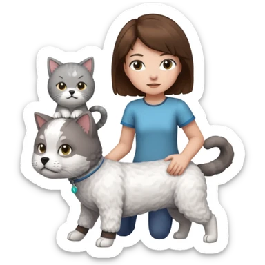 A grey cat standing on the back of a white bichon frisør dog, with a girl with short brown hair sitting beside playing Minecraft sticker