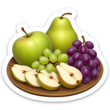 medieval fruit platter object icon, sliced apples and pears, grape clusters, rustic plate, fresh juicy look, 3D cartoon, mobile game icon style, clean background, no text, no watermark
 sticker