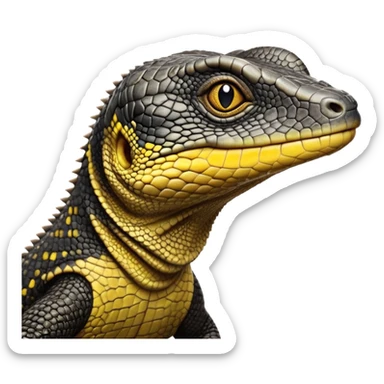 cinematic-realistic-cute-monitor-lizard-portrait-emoji,-head-tilted-playfully-and-inquisitively,-featuring-a-compact,-agile-body-with-finely-detailed,-glossy-scales-in-earthy-black and yellow-hues-and-a-distinct,-alert-face-with-bright,-curious-eyes, black , yellow spotted and green band  scales and a big long neck sticker