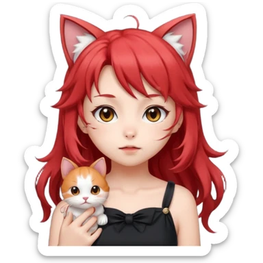 very cute anime cat-girl with small cat ears, red blowing hair sticker