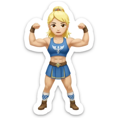 slavic girl, medium size yellow hair, flexing muscles, full body, muscled, with traditional slavic outfit sticker