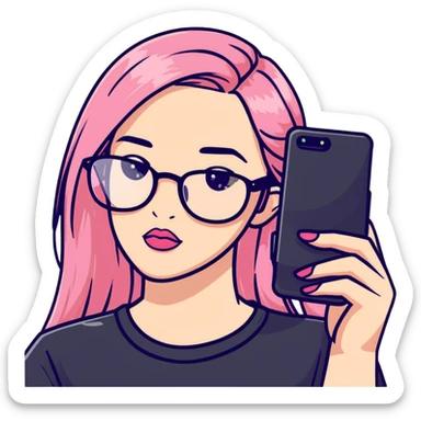 A teenage girl taking a selfie in a school bathroom. She has long, straight blonde and pink-dyed hair, wears rectangular glasses and a black shirt. Her expression is neutral with glossy lips sticker