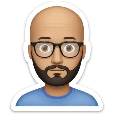 Homem com 30 anos careca com barba PRETA aparada e com óculos sticker