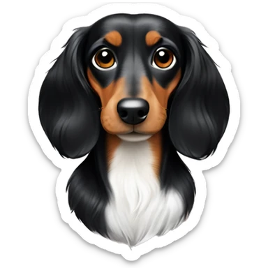 Black and tan long hair dachshund with a patch of white on the chest  sticker