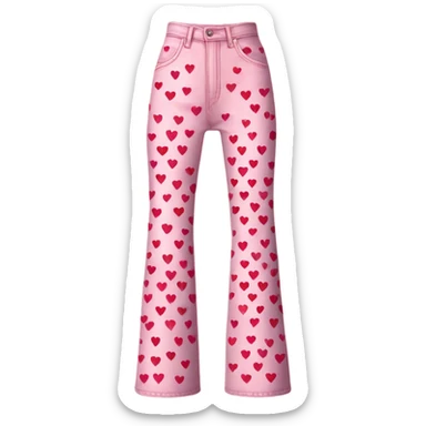 Realistic long Wide leg high waisted pink jeans with small red hearts print, isolated sticker