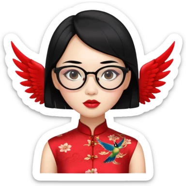 an oriental lady wearing red cheongsam, red lipstick, winged eyeliner, fair light a bit pink skin, small nose, a bit thick sensual lips, not too slim but not fat, wearing transparent glasses, black hair mid length sticker