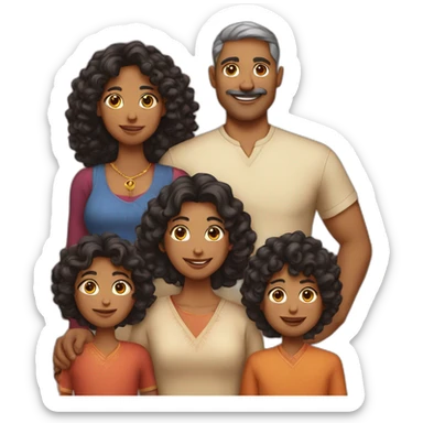 indian family with one dad and one son straight hair and one mom and one daughter curly hair sticker