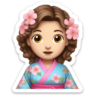 cute girl with BLUE eyes and brown hair in pink flower kimono sticker