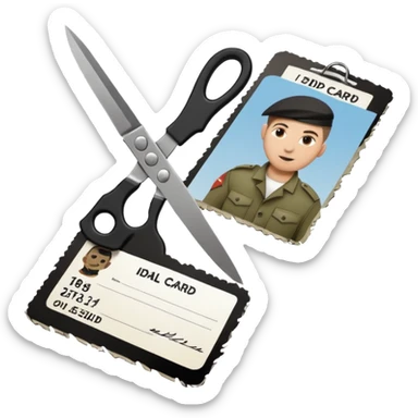 Floating black Scissors cutting in half an idf soldier ID card in 2 parts .hyper realistic sticker