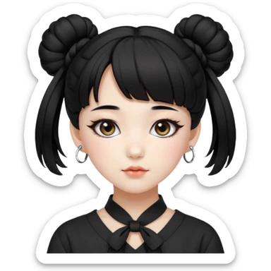 a beautiful girl face, wearing cute korean makeup, black hair, tied into two buns low near the ears with front bangs, kpop idol sticker