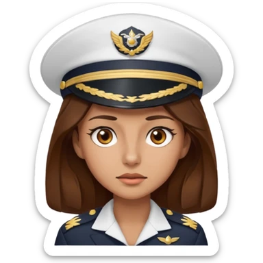 woman with brown hair and brown eyes.  space ship captain with white hat sticker