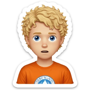 teenage boy with curly blond hair and blue eyes with freckles wearing an orange “Camp Halfblood” tshirt with the official percy jackson camp halfblood logo on it have hime doing a shocked face sticker