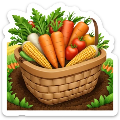 A 3D cartoon basket filled with fresh farm produce like carrots, tomatoes, and corn, placed on soil ground, soft natural lighting, Memoji-style texture. sticker