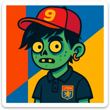 zombie boy, black emo hair, piercing, black polo shirt with Lyon logo, red cap with '9', vibrant toon style sticker