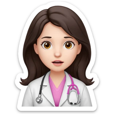 Barbie like emoji of a woman with white skin long wavy dark brown hair, brown eyes wearing a white lab coat and pink stethoscope and with a scared look sticker