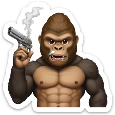 A gorilla smoking a blunt and holding a gun in the air sticker
