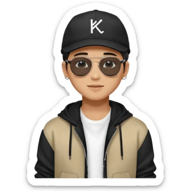 Portrait of a male K-pop idol, wearing a stylish streetwear outfit with layered clothing, makeup, wearing a black cap, happy, sunglasses sticker