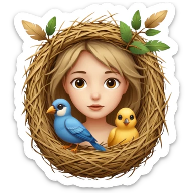 girl with bird nest over her head  sticker