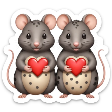 two fat little rats holding hearts one dark grey with white bigger spots the other rat warm brown without spots sticker