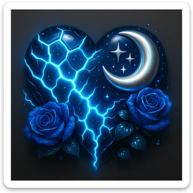 Add more neon lightning effects to the gothic heart with splintered deep blue glass, silver crescent moon, midnight blue roses, holographic stardust, wet look, in the style of 3D emoji style. sticker