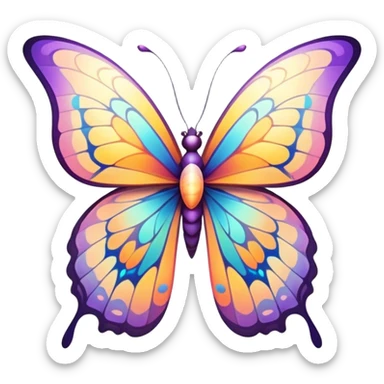 Cinematic Elegant Butterfly Portrait Emoji, Poised and ethereal, with delicate, intricately patterned wings in a kaleidoscope of soft, vibrant colors, a slender, graceful body, and gentle, observant eyes, Simplified yet exquisitely delicate features, highly detailed, glowing with a soft, radiant luminescence, high shine, intelligent and enchanting, stylized with an air of whimsical floral elegance, focused and poised, soft glowing outline, capturing the essence of a watchful butterfly that appears ready to flutter out of the screen with magical grace! sticker