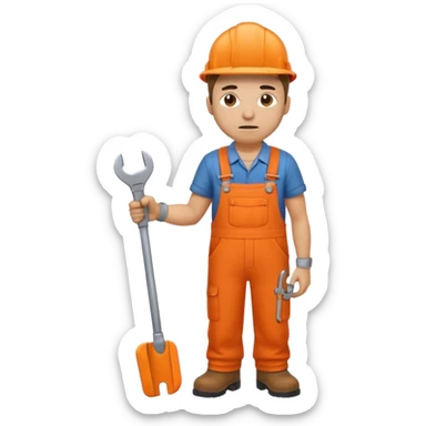 railway engineer, looking tired in orange overalls, boots, holding a spanner emoji sticker