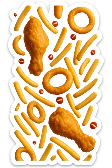 cibi fritti cadono verticalmente dall'alto con piccoli divieti in 3d, iperrealistico 4k sticker