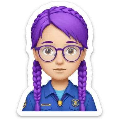 blue uniform wearing scout kid with braids and glassess with hat purple haired sticker