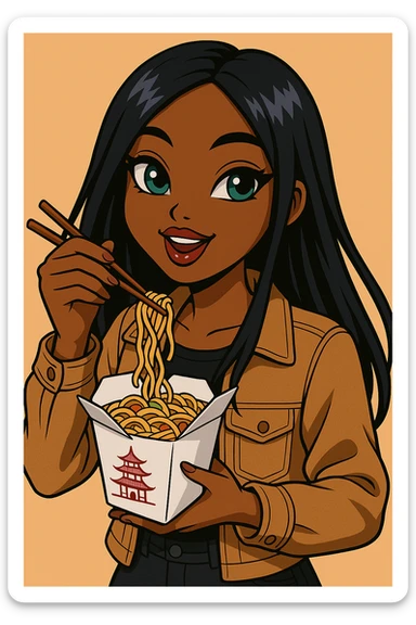 Change the pose to a headshot only of a 20-year-old anime Bratz style woman with dark skin, straight hair, trendy outfit, big expressive eyes, glossy lips, no hat, no tears, happy expression, looking straight ahead, eating out of a to-go Chinese food container with chopsticks. sticker