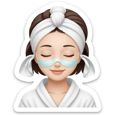 cute girl with her eyes closed and smiling, wearing a white spa towel as her clothes in she has a white spa towel on her head, white face skincare mask sticker