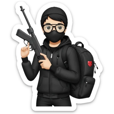 YN wearing a ski mask, holding a gun, all black fit, black jeans, Sprayground bookbag, confident stance, with glasses sticker
