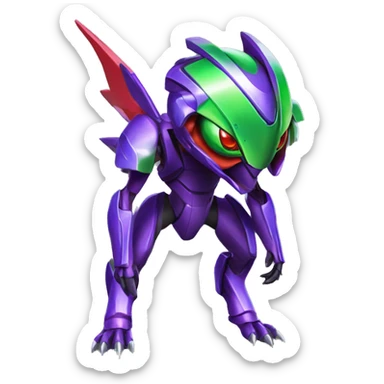 a shiny purple-green-red Genesect-Raptor-Fakémon—hybrid with a futuristic visor-helmet full body sticker