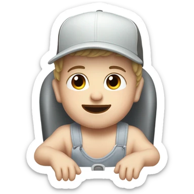 Young white man in unlabeled baseball hat rocking a white infant baby in puffy grey rocker  sticker