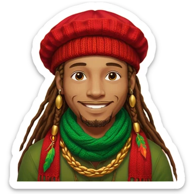 Create a powerful illustrated portrait of a smiling man with long dreadlocks, wearing a colorful red, gold, and green knitted tam. The background has jungle leaves and warm lighting. Style: vibrant digital art, modern, bold lines, reggae vibe. With a Amsterdam colour scarf around his neck sticker