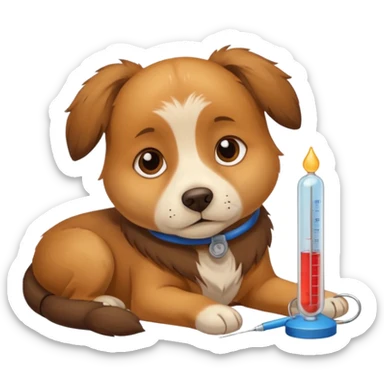 A sick dog lying down with a thermometer beside it, indicating a fever.
Cute but gentle style, warm colors, conveying concern and care. sticker
