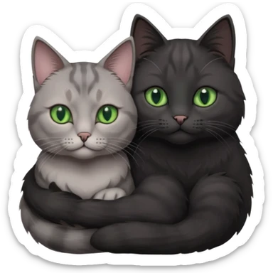 1 regal looking grey cat with pastal green eyes and 1 black with green eyes cat cuddling sticker