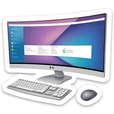 Create an emoji for UX/UI design. Show  large curved monitor displaying windows with UX/UI design HTML program interface. Include a mouse, keyboard, and stylus next to the screens. Use modern, professional colors. Do not include any emojis or smiley faces. Make the background transparent. sticker
