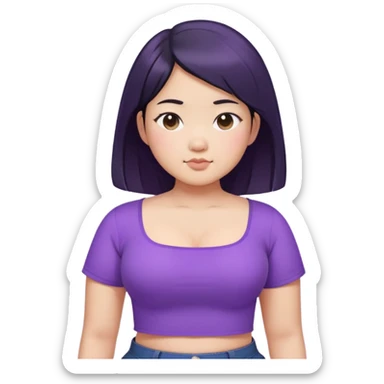 a girl that is asian, chubby, has black waist length hair, and cool tone skin with purple square neck shirt. make it torso length  sticker