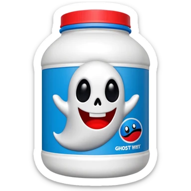 “Front-facing Ghost whey protein powder bottle, tall white plastic tub with wide shoulders and bold red lid. Blue and black Oreo-inspired label with the white GHOST logo and small ghost mascot. Clean studio lighting, soft shadow, realistic emoji-style product, centered on white background.” sticker