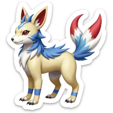 Colorful Skilled Adept Graceful Asian Painted WereGarurumon-Linoone-Meloetta-Renamon-Zangoose-fusion-hybrid-creature (full body) sticker