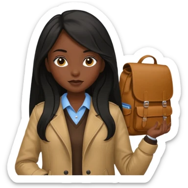 walk black long hair girl at university without backpack with brown jacket sticker