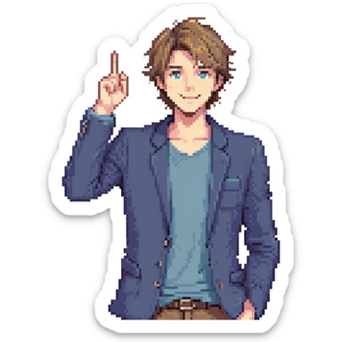 Flat pixel are, lively and clever male debater, fair skin, short messy light brown hair, sharp eyes with a mischievous smile, wearing indigo blazer over a casual t-shirt, one hand raised mid-gesture, waist-up, front-facing sticker