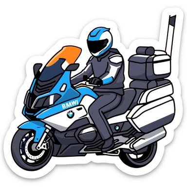 blue BMW R 1200 RT touring motorcycle with rider on road sticker