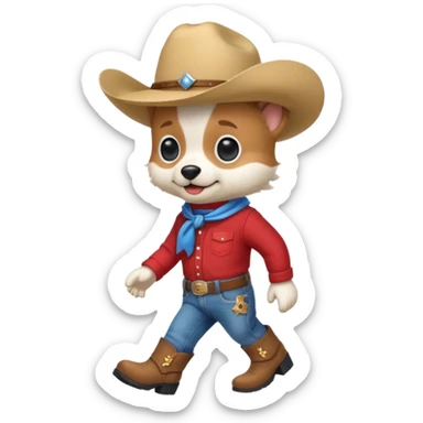 Steampunk a very cute and adorable anthropomorphic puppy with a cowboy hat ,red shirt and blue jeans and white boots is walking  sticker