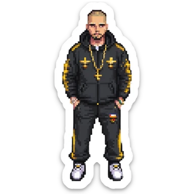 Russian gangster wearing a tracksuit and gold chain, pixel art style sticker