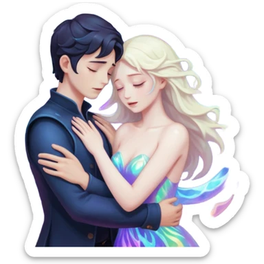 Two lovers surrounded by collapsing magic light, tragic dark fantasy romance sticker