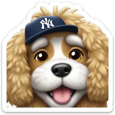 A furry dog wearing a Yankees cap, winking and sticking out its tongue sticker