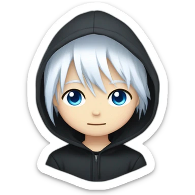 emote for a boy with head and shoulders only, chibi anime style, long straight white hair, blue eyes, black hoodie, sad sticker